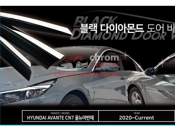 Дефлекторы (ветровики) окон с хром полоской из 6 частей Hyundai Elantra Avante CN7 2021-2023